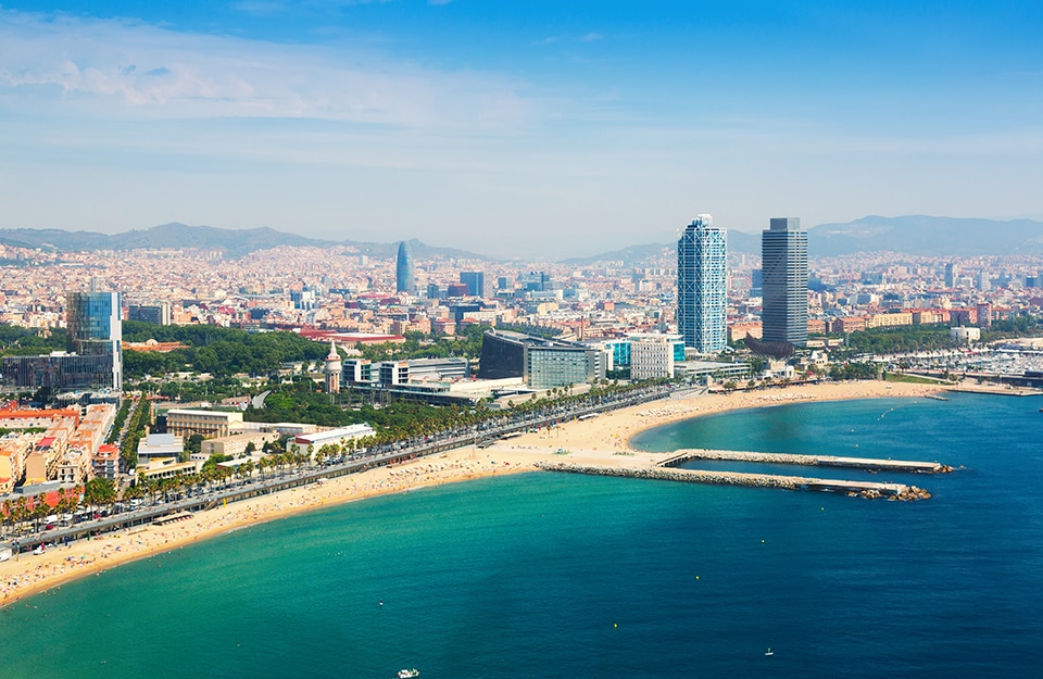 Barcelona from Mediterranean sea (Beach and Port Olimpic)
