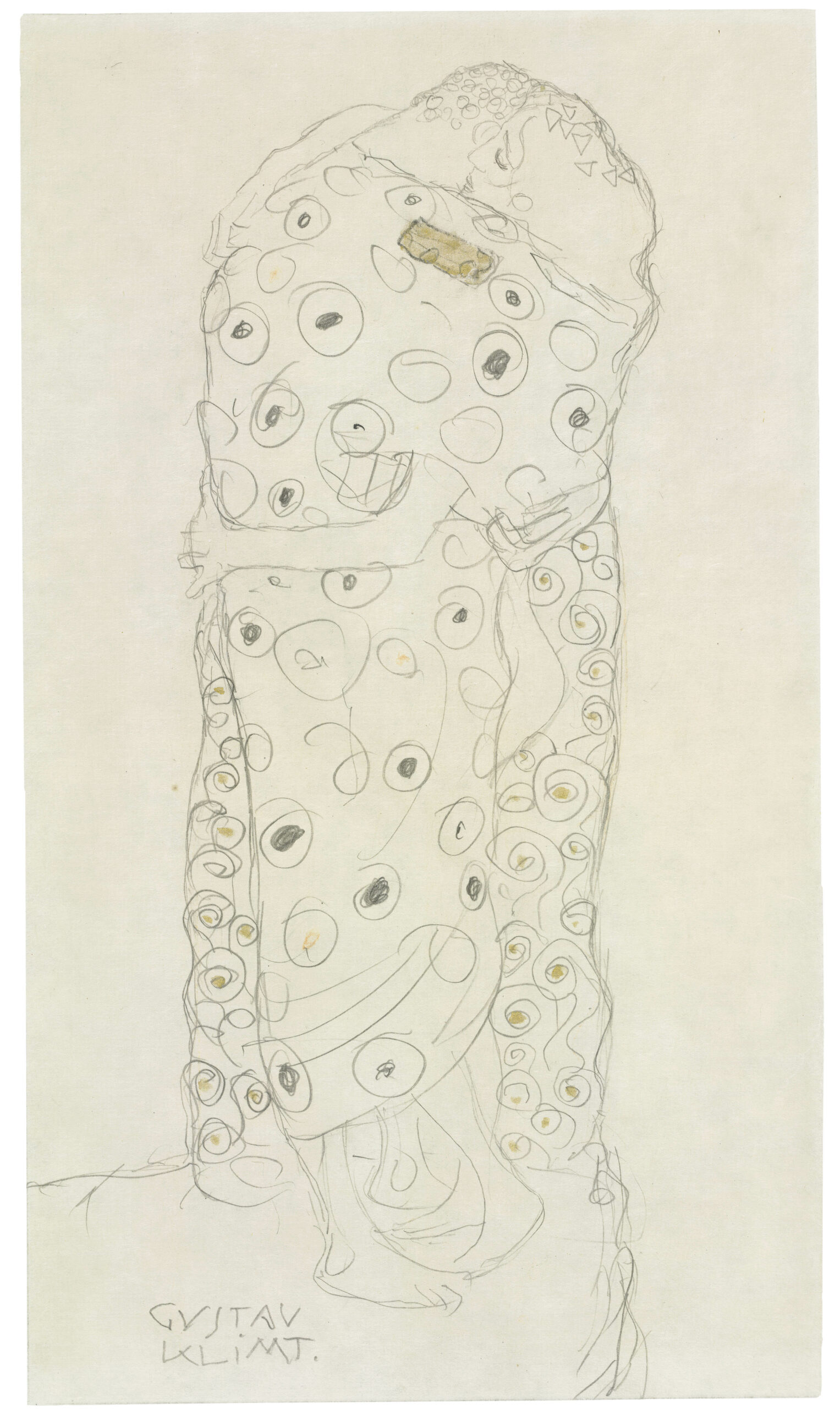 Gustav Klimt, Standing Lovers, 1907-08, Pencil, red crayon, gold paint, paper, The Albertina Museum, Vienna, The Batliner Collection, Exhibition, the Royal Academy of Arts, London, the Albertina Museum, Vienna