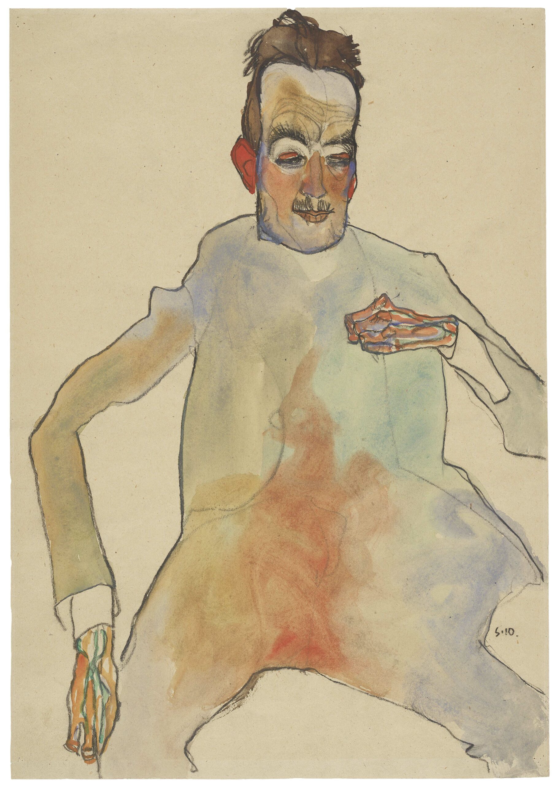 Egon Schiele, The Cellist, 1910, Black crayon, watercolour, packing paper, The Albertina Museum, Vienna Exhibition, the Royal Academy, Arts, London, Albertina Museum, Vienna