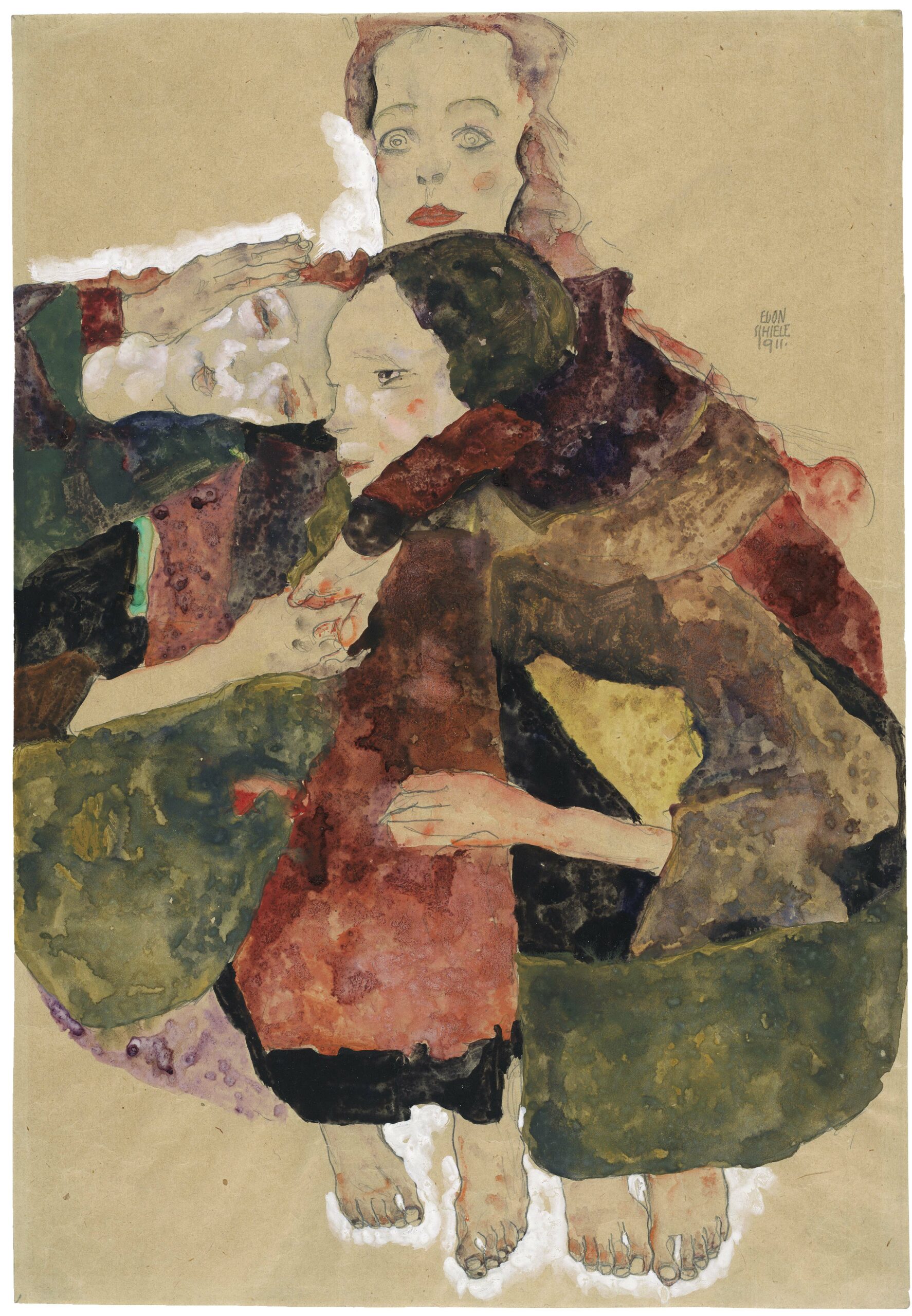 The Albertina Museum, Vienna; Egon Schiele, Group of Three Girls, 1911. Pencil, watercolour, gouache, with white gouache,packing paper, The Royal Academy, Piccadilly