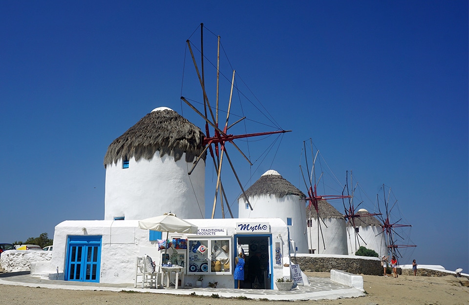 Mykonos. Windmills, Greece, Greek windmills, blue sky, holiday, luxury property mykonos